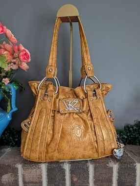 Kathy Van Zeeland Mustard Croc Embossed Shoulder Bag - Y2K Style